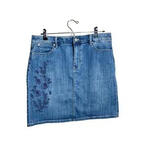 Talbots skirt blue embroidered stretch denim fly front & pockets Sz 12 P